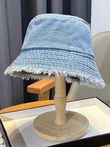 渔夫帽，春夏同款蝴蝶刺绣遮阳牛仔渔夫帽，磨边牛仔帽，纯色牛仔帽，牛仔帽，牛仔渔夫帽，韩版复古渐变色渔夫帽 - 牛仔蝴蝶結漁夫帽 - 查看 17