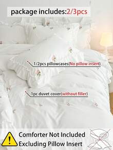 2/3pcs Elegant Rose Embroidery Bedding Set, With Ruffle Trim, Includes Duvet Cover And Pillowcase(S), Without Filler (1 Duvet Cover And 1/2 Pillowcase(S))