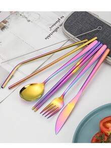 Bộ dao nĩa bằng thép không gỉ, bộ dụng cụ ăn bít tết kiểu Hàn Quốc bao gồm đũa và ống hút, tiện lợi mang theo khi đi du lịch ngoài trời và dành cho học sinh. - Nhiều màu - Xem 5