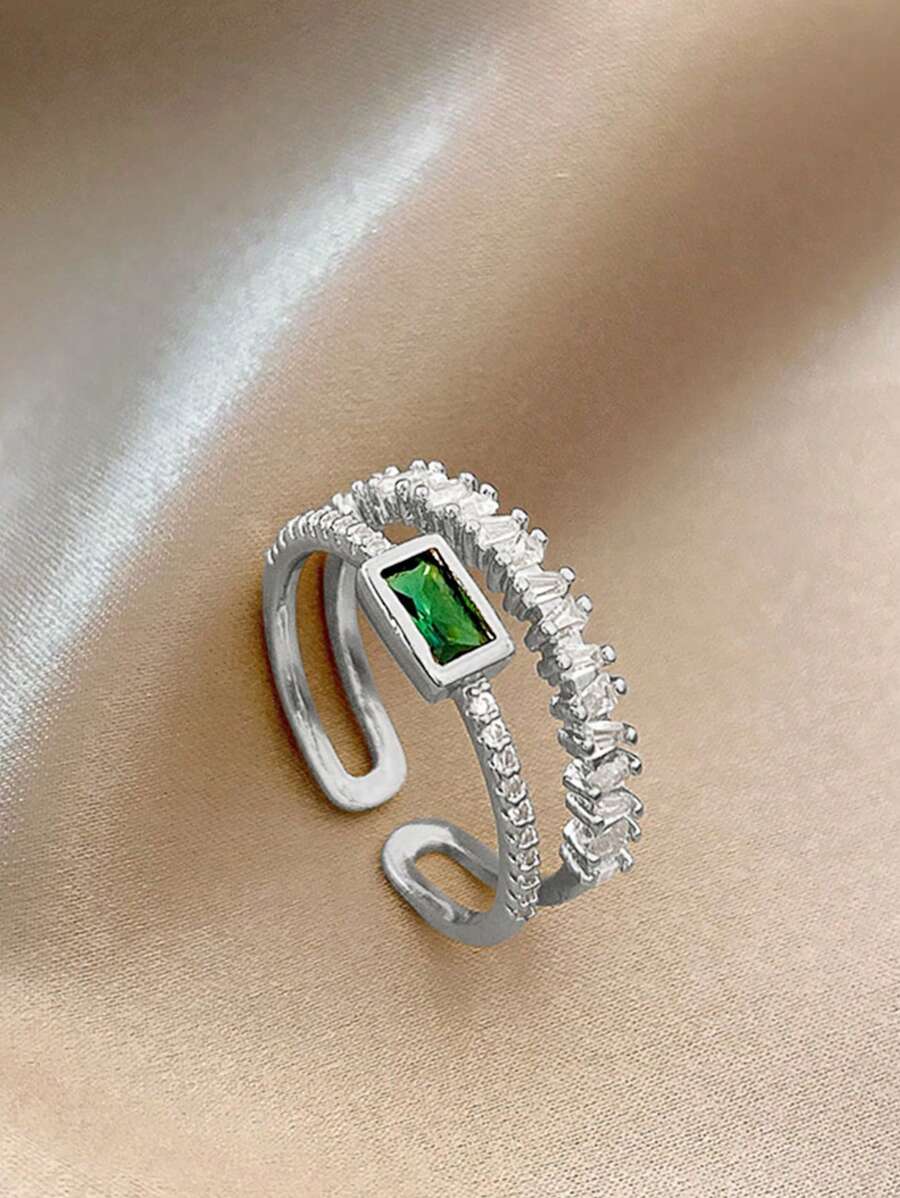 1pc Fashion Versatile Design Emerald Double-Layer Zirconia Ring