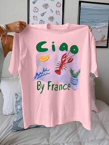 Ciao 龙虾和柠檬印花女士休闲圆领短袖T恤，夏季海滩T恤