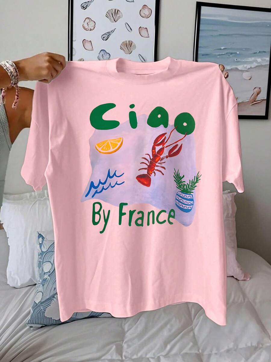 Ciao 龙虾和柠檬印花女士休闲圆领短袖T恤，夏季海滩T恤
