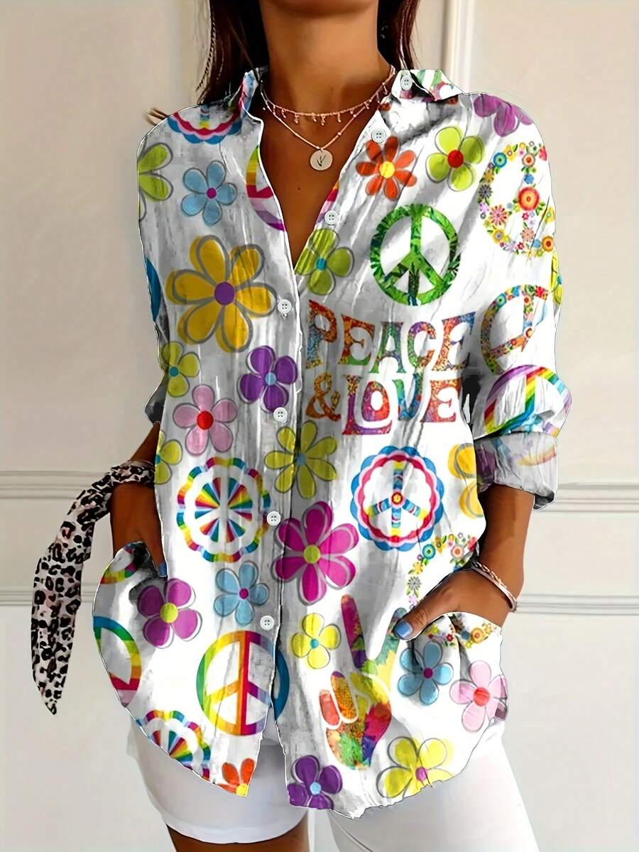 彩色印花休闲衬衫 - 单排扣长袖翻领上衣 - 适合所有季节，居家、户外或办公室春季均可穿着 - 花色6 - 查看 1