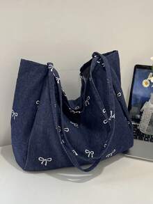 新款韩版休闲时尚百搭蓝色极具吸引力蝴蝶结水洗帆布托特包，适合通勤、旅行、购物、学生返校、大容量甜美女士手提包