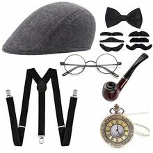 Bộ 7 phụ kiện nam thập niên 1920 Bộ phụ kiện Great Gatsby Bộ mũ nồi cho tiệc hóa trang theo chủ đề Halloween thập niên 1920 - Mũ nồi B - Xem 7