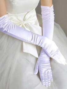 1 Pair Women's Extra Long Double Row Beads Satin Bridal Gloves, Suitable For Wedding Dress Matching