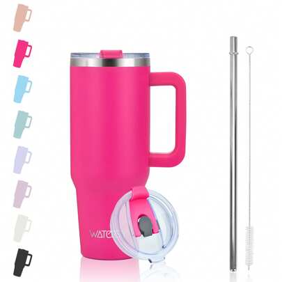  1 件 WATERSY 30 盎司/40 盎司带手柄和吸管的玻璃杯 | 100% 防漏隔热玻璃杯，真空可重复使用不锈钢隔热水瓶旅行杯 | 包括所有配件：二合一盖子、不锈钢吸管和清洁剂，适用于户外、露营