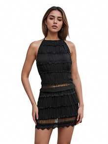 Womens Two Piece Summer Outfits Sleeveless Ruched Halter Tops And Mini Skirt Set Clubwear - Negro - Ver 7