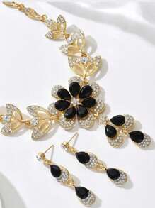 3pcs Women Necklace Earrings Set - Beautiful Flower Design With Rhinestones, Black Water Drop Flower Tassel Necklace, Elegant Delicate Choker, Shiny Party Gift