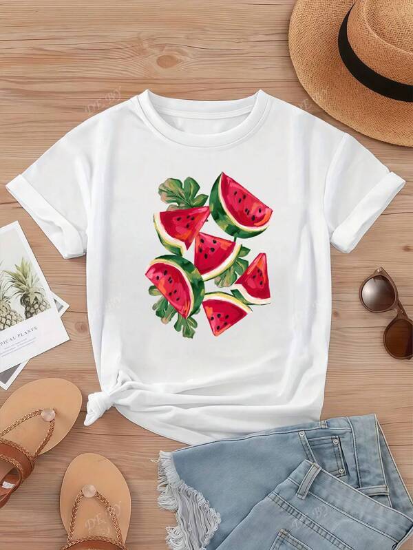 Nouvelles arrivées, t-shirt décontracté oversize en coton à col rond et manches courtes pour femmes, imprimé de pastèque et de feuilles