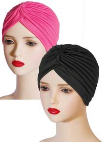 2 Peças Gorros Turbante de Cor Sólida - Toucas de Cabeça Pregueadas, Gorros Quimioterapia com Elástico Criscruzado na Testa, Lenços de Cabeça Femininos para Uso Casual