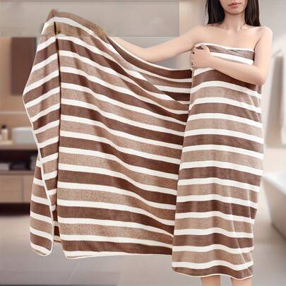 [Extra Large Coral Fleece Towel] Extra Large Soft Coral Fleece Bath Towel, High Absorbency Polyester Blend, Striped Design, Multi-Purpose, Suitable For Home, Beach And Napping, Modern Style, Great For Adults Back To School For Beauty Salon Home Bathroom Shower Towels For Beauty Salon, Hotel Sports,Home Essentials, Towel, Skin Care Bath Towel Sheet