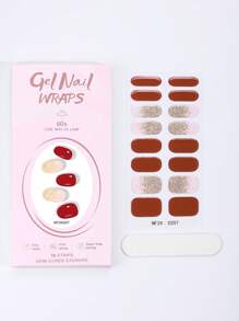 16 pièces de bandes d'ongles en gel semi-cuites rouges, emballages complets autoadhésifs en gel minimalistes à paillettes, durée de 14 jours, nécessite une lampe UV, autocollants d'art nail rapide pour le DIY quotidien des femmes
