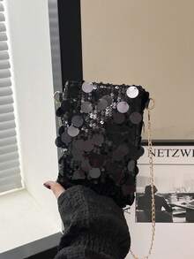 迷你亮片单肩包，个性纹理简约斜挎包，优雅手拿包，时尚亮片女士手机包，链条装饰可装手机和零钱，适合购物 - 黑色 - 查看 9