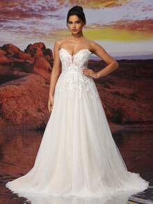 白色加固网眼和香槟色衬里露肩可拆卸薄纱长款A字形闪亮刺绣婚纱