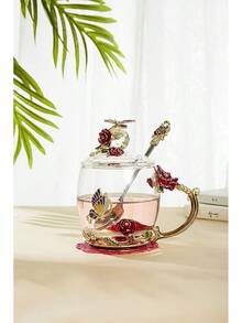 Taza de té de flor de vidrio transparente (con cuchara y tapa), tazas de té elegantes, taza de té de flor, taza de té como regalo, regalos para mujeres, regalo para el Día de la Madre, en caja de regalo. (Taza alta azul rosa) - Rojo - Ver 2