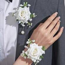 1pc Elegant Rose Flower Corsage & Wristband Decorative Set, Suitable For School Events, Parties, Wedding Accessories, Rose Wrist Corsage, Rose Lapel Flower, White Wedding Floral Decor, Prom Outfit - Multicolor - View 2
