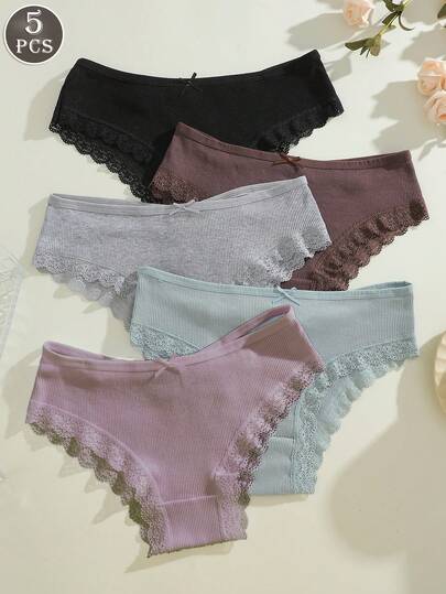 5pcs Women's Lace Patchwork Comfortable Breathable Bow Decor Brief Underwear Set