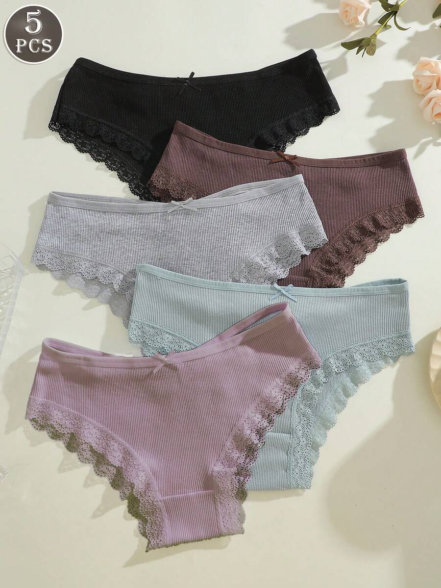 5pcs/Set Women Lace Patchwork Comfortable Breathable Bow Decor Panties Set, Soft Stretchy Casual Underwear - Multicolor - View 1