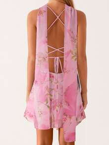 Women Mini Dress Floral Print/Solid Color Sleeveless Cami Dress Summer Backless Dress With Choker Scarf - 彩色 - 查看 6