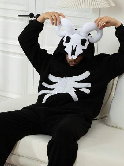 Bull Head Demon Men's Animal Zipper Funny Sleepwear, Unisex Cartoon Halloween Costume, Hooded One-Piece Pajamas, Men's Character Halloween Anime Pajamas