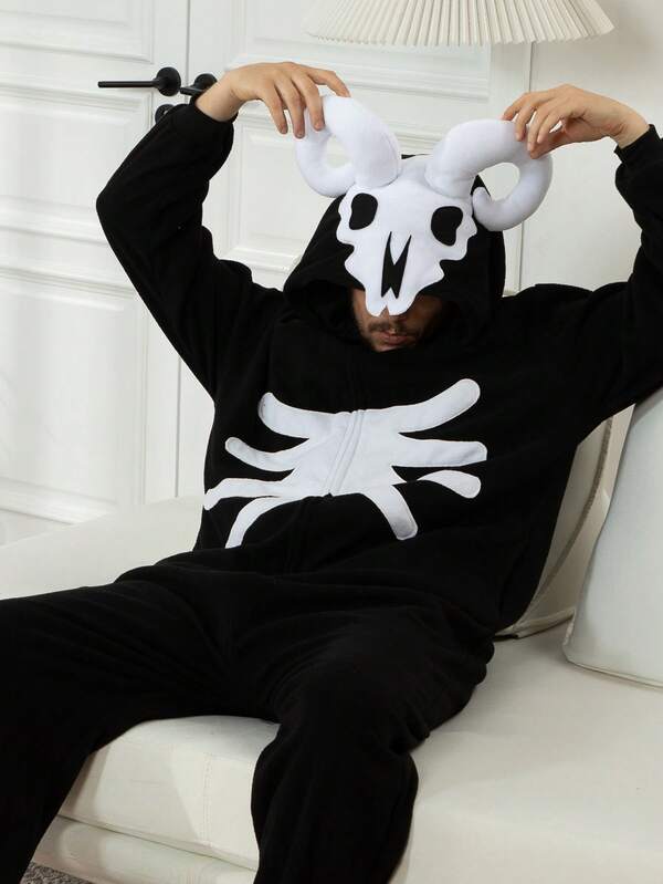 Bull Head Demon Men's Animal Zipper Funny Sleepwear, Unisex Cartoon Halloween Costume, Hooded One-Piece Pajamas, Men's Character Halloween Anime Pajamas
