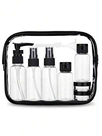 Set de bolsa de tocador y frascos a prueba de fugas certificados por la TSA - Contenedor líquido portátil para artículos esenciales de avión - Para hombres y mujeres (9 piezas)