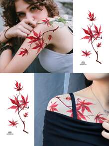 6pcs Red & Yellow Maple Leaf Temporary Waterproof Tattoo Sticker, Fashion Body Art Arm Sleeve Fake Tattoo For Men Women Party Festival Body Makeup