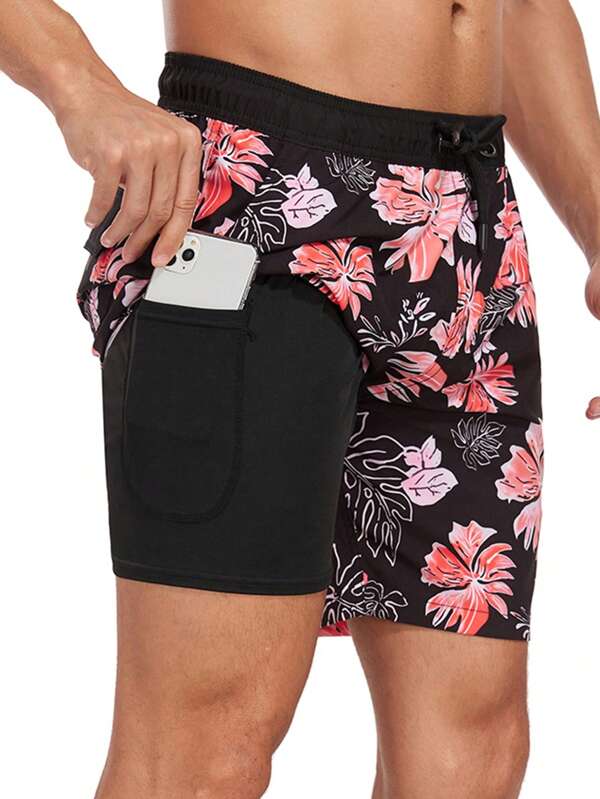 Shorts de playa para hombres con estampado gráfico de flores hawaianas, troncos de natación con cordón y estampado de camuflaje elegante, shorts de natación de secado rápido para verano, playa, piscina y resort, gimnasio, hawaiano