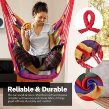 1pc Deluxe Striped Canvas Hammock Chair With Pocket & Head Pillow - Foldable Durable Knitted Sling Swing For Indoor/Outdoor Use Soft Brushed Fabric Solid Back Support Includes Side Pocket - Hand Wash/Dry Clean Perfect For Patio Bedroom Living Room Hammock Swing Chair Patio Relaxation Vibrant Outdoor Decor Cozy Relaxation Gear Summer Outdoor Lounge Chair