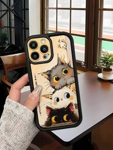 1 件简约可爱猫咪图案加厚防震防刮全覆盖保护手机壳，男女时尚之选，兼容 Apple///Infinix/Vivo/OPPO - 黑色 - 查看 1
