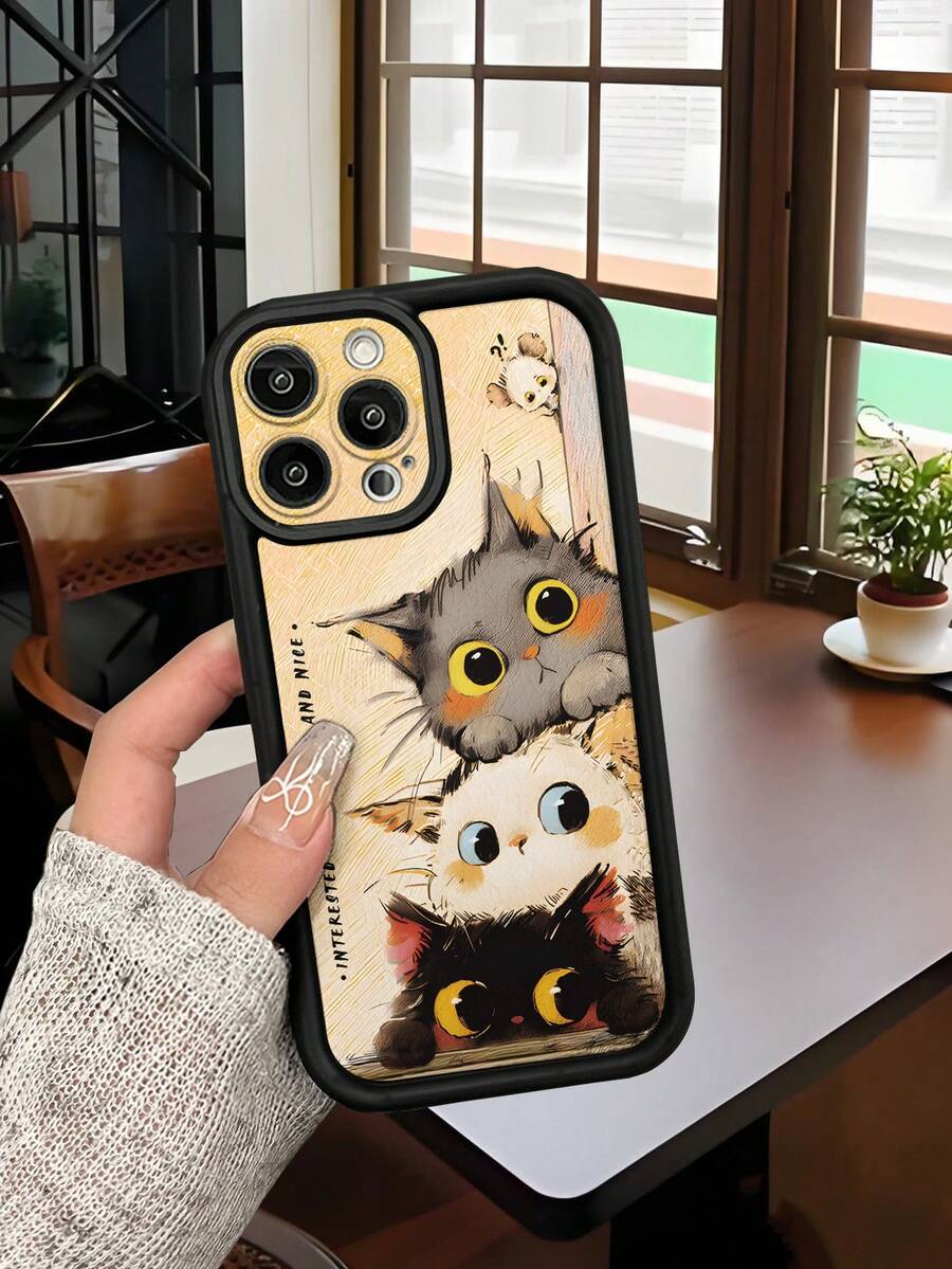 1 件简约可爱猫咪图案加厚防震防刮全覆盖保护手机壳，男女时尚之选，兼容 Apple///Infinix/Vivo/OPPO - 黑色 - 查看 1