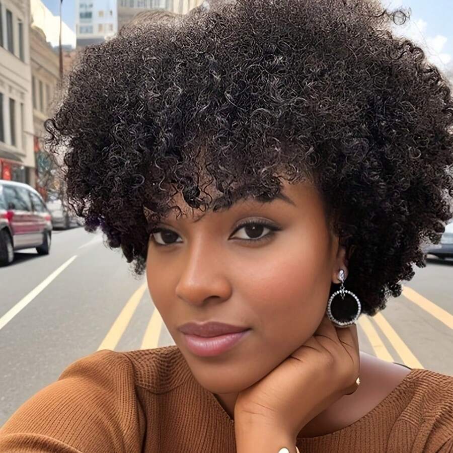 Afro Kinky Curly Human Hair Wigs Remy Short Pixie Cut Wig Full Machine Human Hair Bob Wigs For Women