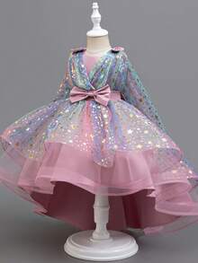 Vestido de princesa sin mangas para niñas con decoración de estrellas brillantes, falda asimétrica de tul esponjoso, para fiestas, graduaciones y días festivos - Rosa vieja - Ver 4