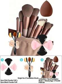 20pcs Makeup Brush Set, Including: 13pcs Makeup Brushes (Blush Brush, Foundation Brush, Eyeshadow Brush, Contour Brush, Eyebrow Brush, Powder Brush, Etc.) + 1pc Drawstring Makeup Bag, 1pc #4 Foundation Brush + 2pcs Pink Makeup Sponges + 2pcs Black Makeup Sponges, 3 Options: 1) 4pcs Makeup Sponges (2 Pink + 2 Black), 2) 1pc #4 Foundation Brush, 3) 13pcs Makeup Brushes + Bag + 4pcs Sponges + 1pc #4 Foundation Brush