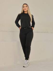 MAYSA Women's Set Sweatshirt 2 Pieces Pants And Long Sleeve Crop Top WINTER - màu đen - Xem 2