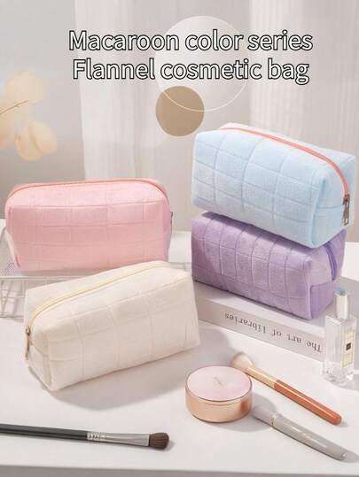 1 件马卡龙色化妆包毛绒大容量化妆包女士可爱绗缝矩形旅行收纳包化妆盥洗包大容量铅笔盒一物多用适用于笔收纳化妆包收纳数据线收纳等，返校，学校用品，铅笔袋，书包