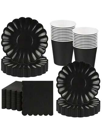 10 st/20 st/40 st/50 st/set, solfjäderformad papperstallrik 9 tum 7 tum skalkant engångsmatbricka pappersmugg pappershandduk födelsedag bröllopsfest dekoration (svart) mors dag present bröllop födelsedagsfesttillbehör daglig picknick campingbricka