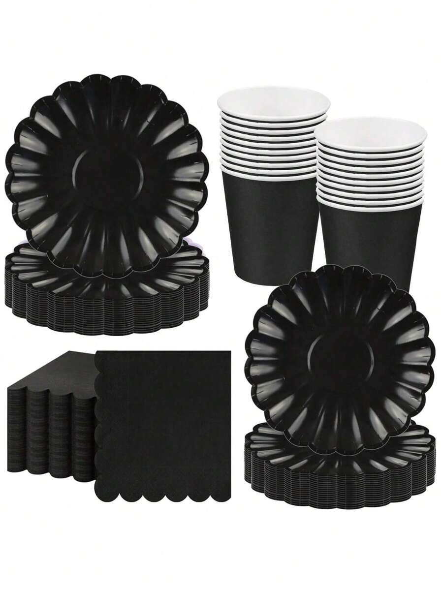 10 cái/20 cái/40 cái/50 cái/bộ, Đĩa giấy hình quạt 9 inch 7 inch Khay đựng đồ ăn dùng một lần có viền vỏ Cốc giấy Khăn giấy Trang trí tiệc cưới sinh nhật (Đen) Quà tặng Ngày của Mẹ Đám cưới Sinh nhật Đồ dùng tiệc Dã ngoại hàng ngày Khay cắm trại - màu đen - Xem 1