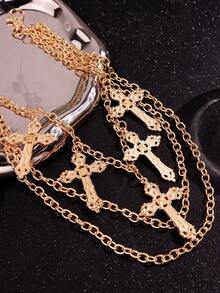 1pc Men's Punk Street Style Multilayer Golden Cross Body Chain, Fashion Unique Streetwear Jewelry - Multicolor - View 4