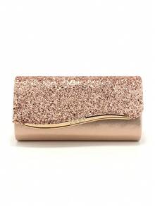 情人节礼物，浪漫银色手拿包，V形金属链，闪亮亮片装饰，信封式设计，适合派对、婚礼、休闲场合，女士手提包，正式钱包 - 香檳色 - 查看 3