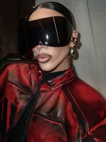 1pc Oversized Futuristic High-Tech Style Connected Cyberpunk Fashion Glasses, Fashionable Eyewear For Women, Cool European And American Style Preppy Style For Back To School Wrap Shape - Black - View 2