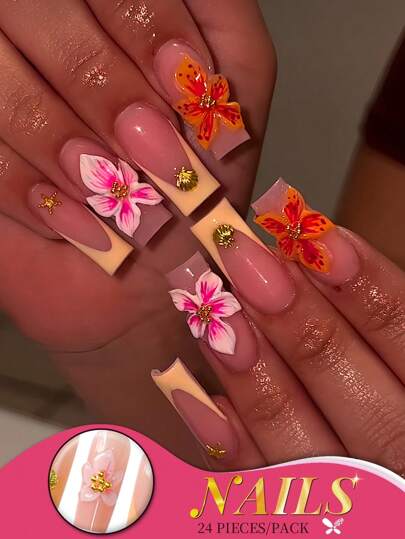 24 uñas postizas de estilo francés ombré de larga duración y forma cuadrada, con decoración en 3D de flores naranjas y rosadas, conchas y estrellas de mar, de estilo playero veraniego, set reutilizable de uñas acrílicas falsas con lima y pegamento de gelatina, para manicura y fiestas de mujeres