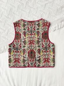 Rusttydustty Boho Embroidered Tie Waist Vest Vintage Jacquard Waistcoat Tie Front Top,Christmas, Thanksgiving, New Year Party Outfit