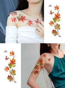 6pcs Red & Yellow Maple Leaf Temporary Waterproof Tattoo Sticker, Fashion Body Art Arm Sleeve Fake Tattoo For Men Women Party Festival Body Makeup
