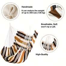 1pc Deluxe Striped Canvas Hammock Chair With Pocket & Head Pillow - Foldable Durable Knitted Sling Swing For Indoor/Outdoor Use Soft Brushed Fabric Solid Back Support Includes Side Pocket - Hand Wash/Dry Clean Perfect For Patio Bedroom Living Room Hammock Swing Chair Patio Relaxation Vibrant Outdoor Decor Cozy Relaxation Gear Summer Outdoor Lounge Chair