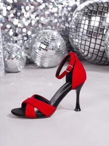 Giày cao gót quai chéo mắt cá chân bằng da lộn cho nữ, thời trang cá tính, màu đỏ, thanh lịch & đa năng, thoải mái khi đi làm - Đỏ - Xem 7