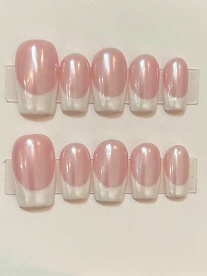 10片装手工美甲贴，可重复使用，方形，中号，法式粉色，适合女孩和通勤女性，珠光/全息/激光效果，光泽亮丽，优雅简约度假风，可爱别致美甲，适合女性和女孩日常及派对佩戴，按压式美甲贴，长指甲用品，手工按压式美甲贴