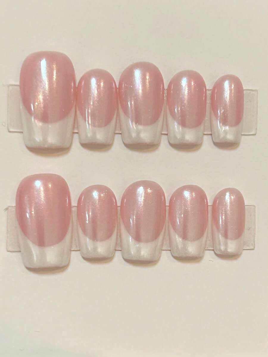 10片装手工美甲贴，可重复使用，方形，中号，法式粉色，适合女孩和通勤女性，珠光/全息/激光效果，光泽亮丽，优雅简约度假风，可爱别致美甲，适合女性和女孩日常及派对佩戴，按压式美甲贴，长指甲用品，手工按压式美甲贴
