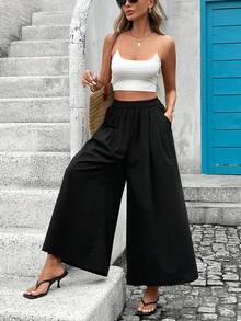 Spodnie typu kuloty z wysokim stanem, w jednolitym kolorze, z poliestru, szerokie nogawki, odpowiednie na letnie codzienne noszenie - Czarne - Zobacz 4